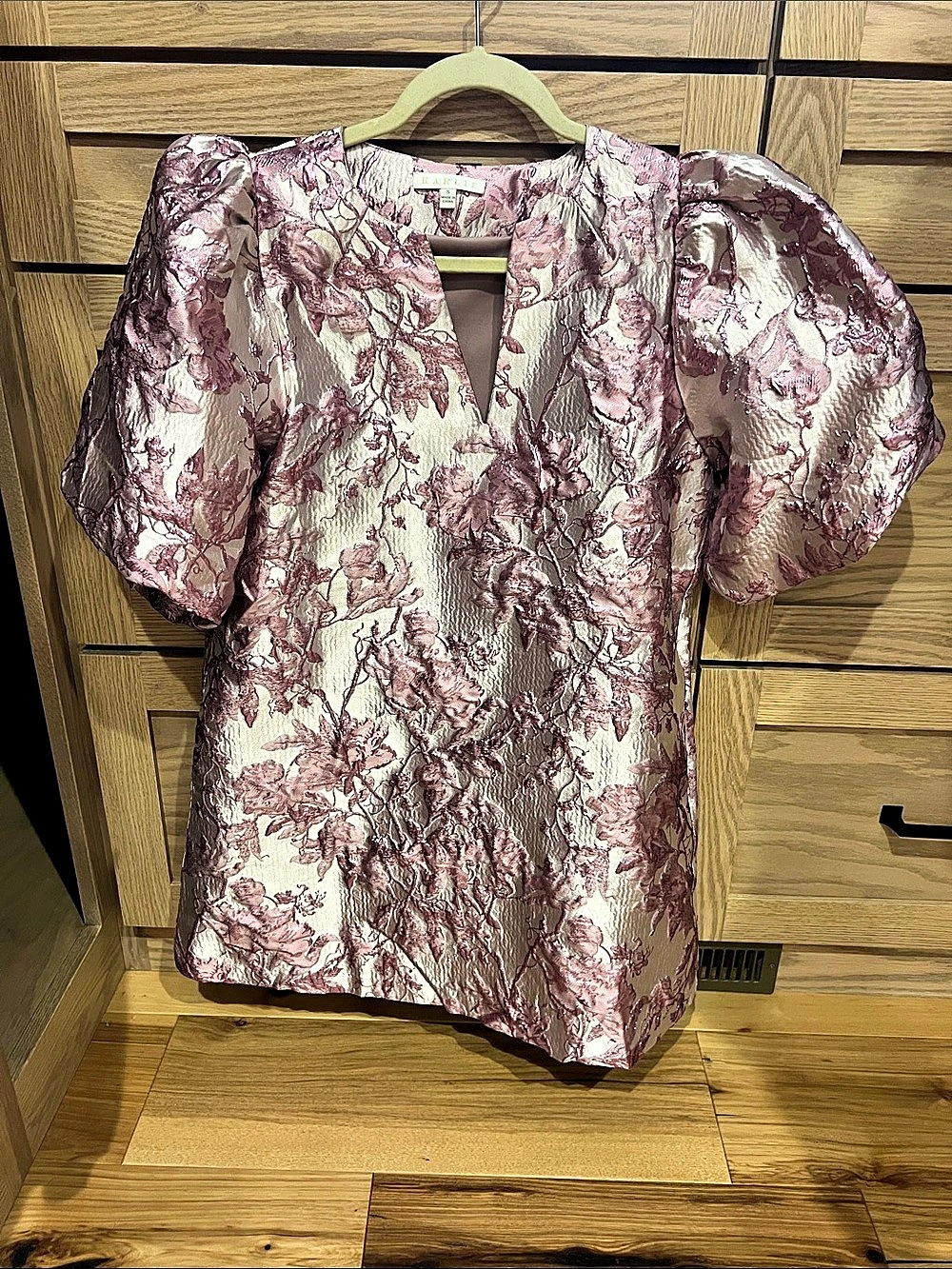 Karlie Glam pink Floral Brocade Puff Sleeve Mini Dress runs bigger